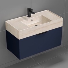 Floating Bathroom Vanity, Modern, Blue, 32 inch, Travertine Style Sink